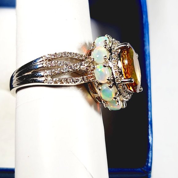 Premium Golden Scapolite, Welo Opal & Zircon fancy halo ring in Plat/925 4.85ct - Picture 2 of 6